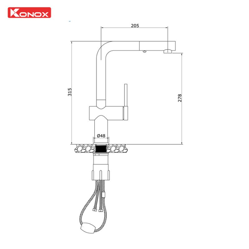 Vòi rửa bát nóng lạnh Konox Stream Chrome có dây rút 4 Kích thước vòi rửa bát nóng lạnh Konox Stream Chrome có dây rút